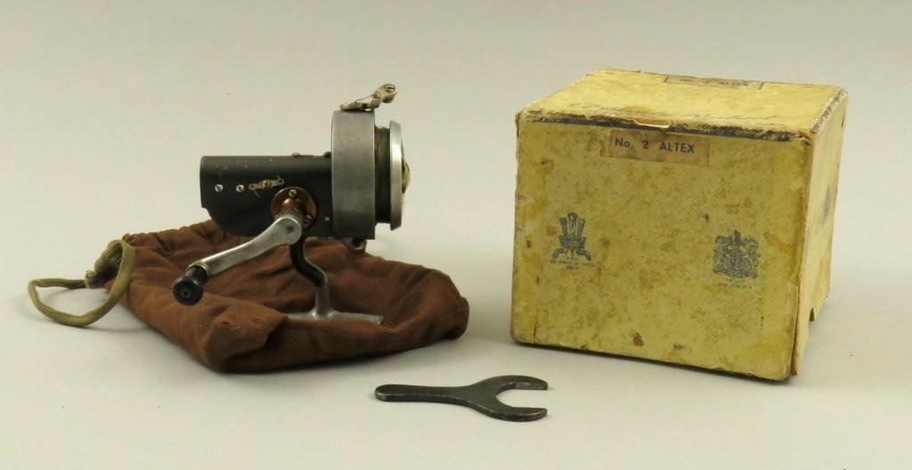 Hardy Bros. No. 2 Altex Spinning Reel with Box: Marked "Hardy Bros. LTD, Alnwick, England The "Altex" No. 2 Mark 5". The reel operates just as it should and in Excellent functioning condition. . In Very Good plus condition, with original bag, wrenc