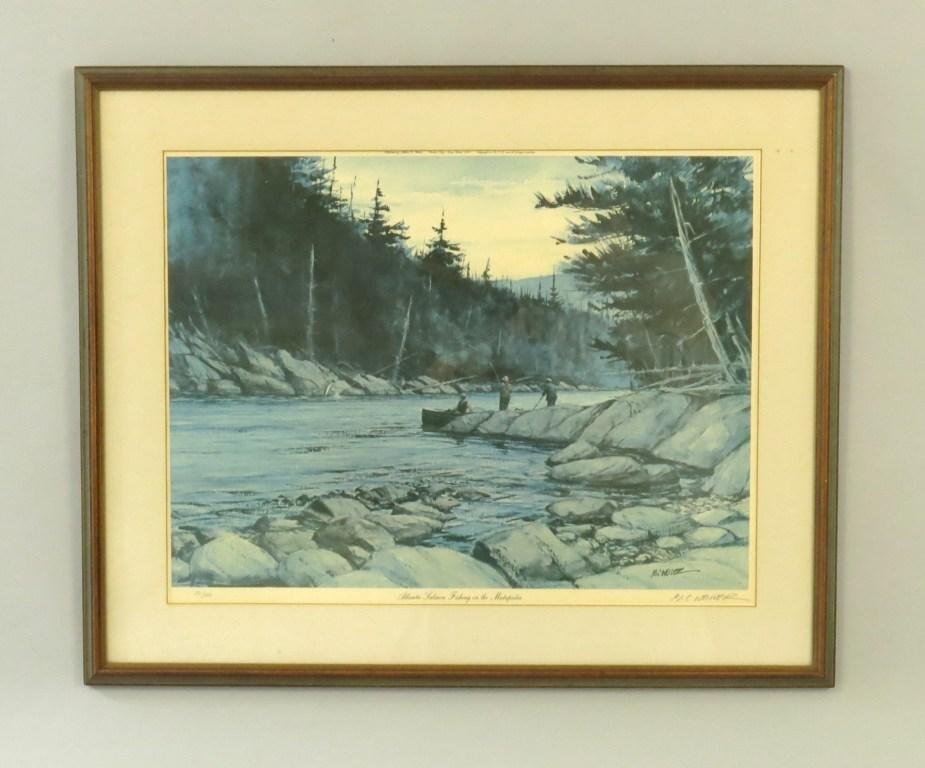 "Atlantic Salmon Scene by Milton C. Weiler: "Atlantic Salmon Fishing on the Matapedia" was privately printed by the artist in 1972 in an edition of 375 numbered and Signed copies, of which this is number 52. This painting was used for the front