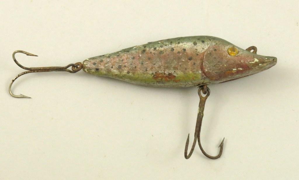 Fatty "Rainbow" Pike Circa 1910-1920: Exceptional form, paint and detail is this 4 1/2" pike featuring glass bead eyes, nail applied, heavy fixed through-wire in both directions forming the line tie and hook hangers. Metal cup belly hook