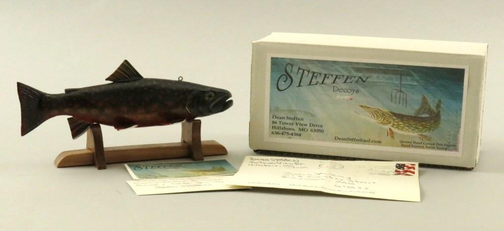 Dean Steffen "Dolly Varden Spawning Male" Fish Decoy: An extremely detailed 8" decoy from this recognized award winning carver. This was the first Dolly Varden (Char) he carved and is stated so on the back of his business card, which is Signed and includ