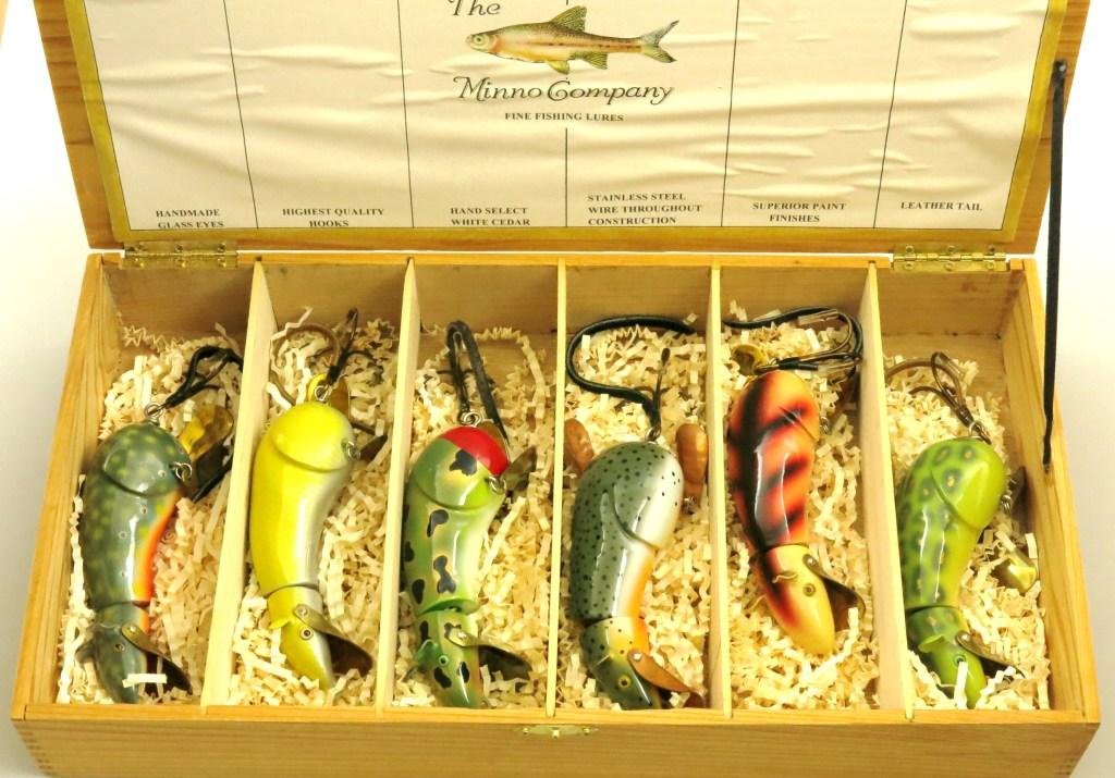 First "Six Pack" of Musky Jointed Rats by C.E. Wilson: Originally sold as a "Musky Jointed Rat", Mr. Wilson later changed the name to "Wharf Rat". Included in this box is the spotted rainbow trout color example, which was the first "Musky Jointed Rat" thi