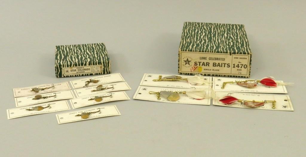 Eleven Pflueger Metal Baits on Cards in Boxes: Seven Star Colorado Spinners on cards and in the original one dozen box, no.5823, size 2/0. All in Excellent condition save for one card is VG+; Four Lowe Celebrated Star Baits no.1470 in size 2 1/2.