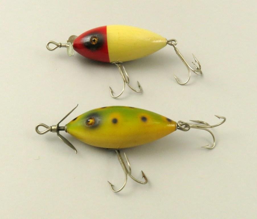 Pair of GE South Bend Midget Surf Orenos: Both baits are solid E+ with just some very minor age hairlines on both and corrosion on the Red White minnow prop., all eyes are perfect.