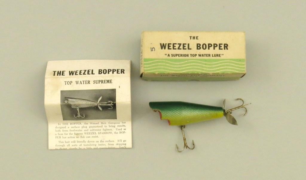 New in Box with Paper, Green Scale Weezel Bopper: Coming from the Weezel Bait Co. of Cincinnati, Ohio is this E+ Topwater Supreme Bait, box and paper. All are as new.