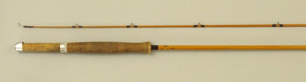 Hardy Palakona "The Koh-i-noor" - 9', 2/1: The reel seat is a slide band over cork spacer and reversed flared grip and is marked H39807 (1961). Blued ferrules with plug. The stripper guide is pushed forward and all guides are wrapped in burgun