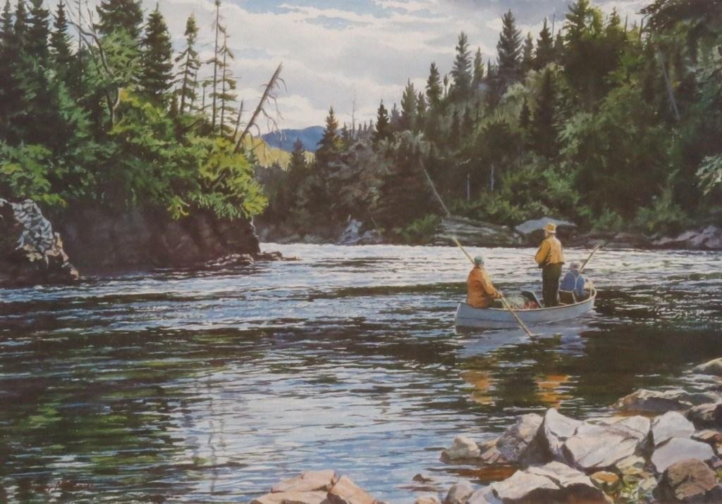 Chet Reneson's "Season's Best": Produced in 1985 this 11" x 15 1/2" image showing a salmon fisherman with his guide battling a leaping salmon at the bottom of the falls. Limited to 400 Signed copies, of which this is number 237. Dou
