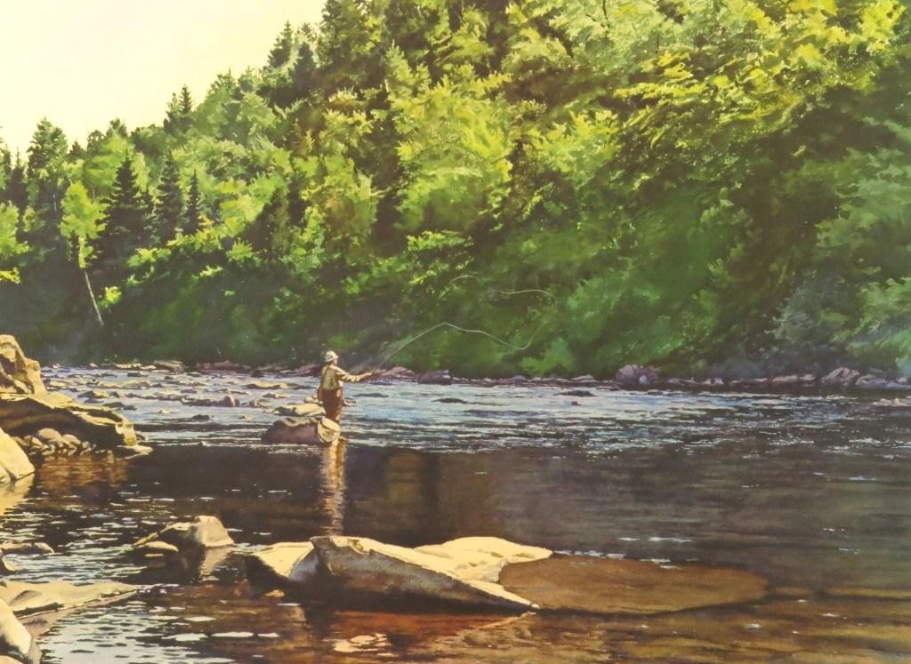 Angler's Club of New York Print by Henry McDaniel: "Fishing the Dry on the Upper Connecticut " published by the Club in a Signed edition of 400 in 1973. Image is 21 1/2" x 28 1/2" with Club's seal embossed in lower right margin. Some wear to full marg