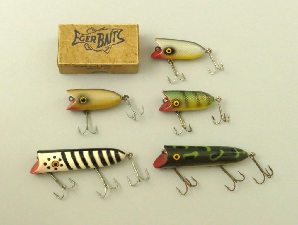 Lot of Five Eger Bartow Fla. Baits: Includes an Ex. no. 609 grey scale Baby Teaser in the box, an EX. no. 20 Perch scale Baby Teaser, an E+ no. 25 natural scale Baby Teaser, an Ex. Frog spot Sweet 16 and an Ex. white with black bars Swe