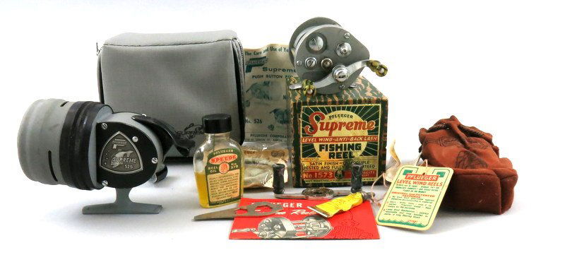 Pair of Pflueger Reels: Includes a Supreme level wind anti-backlash model no.1573 in the box. Reel is Very Good and comes with all original accessories and paperwork, also includes an Excellent Supreme closed face reel model