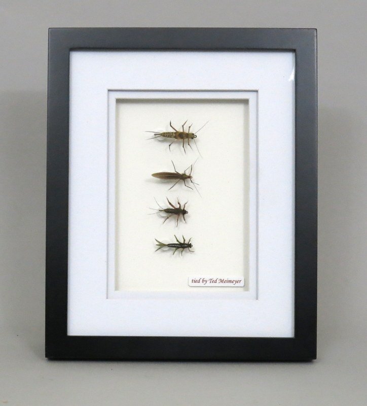 Four Stoneflies by Theodore Niemeyer: Four stoneflies by Ted Niemeyer and housed in a 9" x 11" double matted frame. Coming from the Charles Krom collection with a signed letter of provenance from him. Flies from this tyer are considered s
