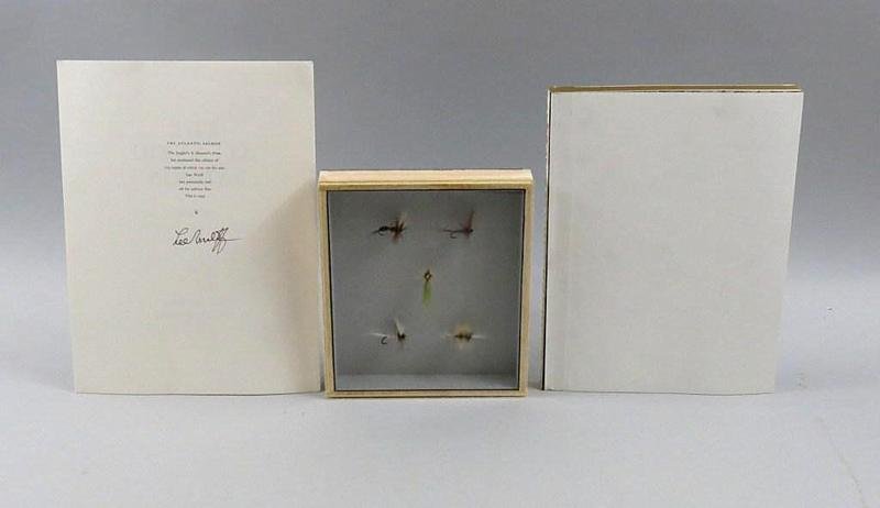 Lee Wulff's "The Atlantic Salmon" Set of Flies & Book: In 1989 Angler's & Shooter's Press published a limited edition of only 100 copies of Lee Wulff's book, "The Atlantic Salmon". The book and a set of five flies were housed in a full leather box. These 