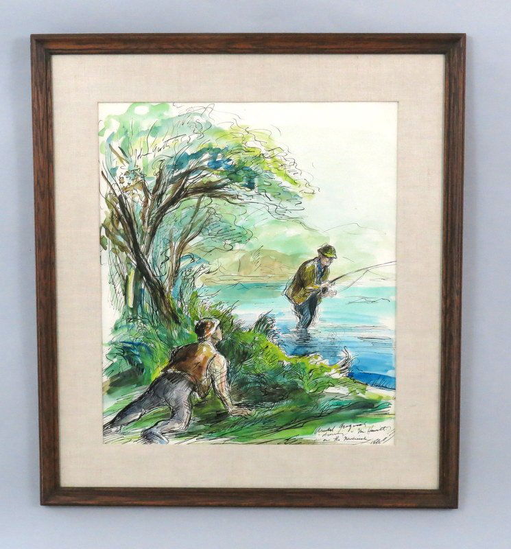 Arnold Gingrich Observing Mr.Hewitt on the Neversink: An unsigned original watercolor by John Groth depicting Arnold Gingrich secretly watching Mr. Hewitt at streamside to learn some of his angling techniques. Used in the book "The Gordon Garland", 1965,