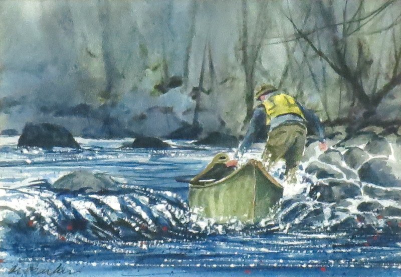 Original Watercolor "Wading the Riffles" by Al Barker: Painted in 1978, this 3 1/2" x 5" image is signed in lower left. Double matted in a 9 3/4" x 11" frame. Excellent condition.