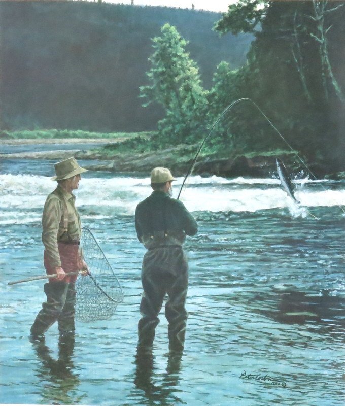 Peter Corbin's Tribute to Canadian Guide Richard Adams: "Above the Rapids" was produced in 1983 in an edition of 375 signed and numbered copies. This is 14 of 25 Artist Proof copies signed by the artist and Richard Adams, it shows the struggle of an anguis
