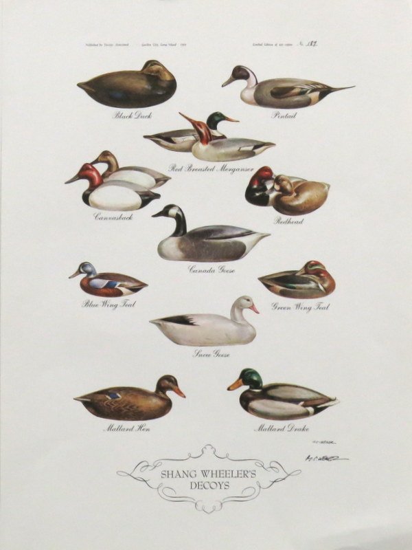 "Shang Wheeler's Decoy" by Milton Weiler: Published in 1969 of an edition of 400 numbered and Signed copies, this being 187, with an image size of 13 3/8" x 19 3/4". Matted and in a 21" x 28" wood frame. Some creases otherwise Very Good plus.
