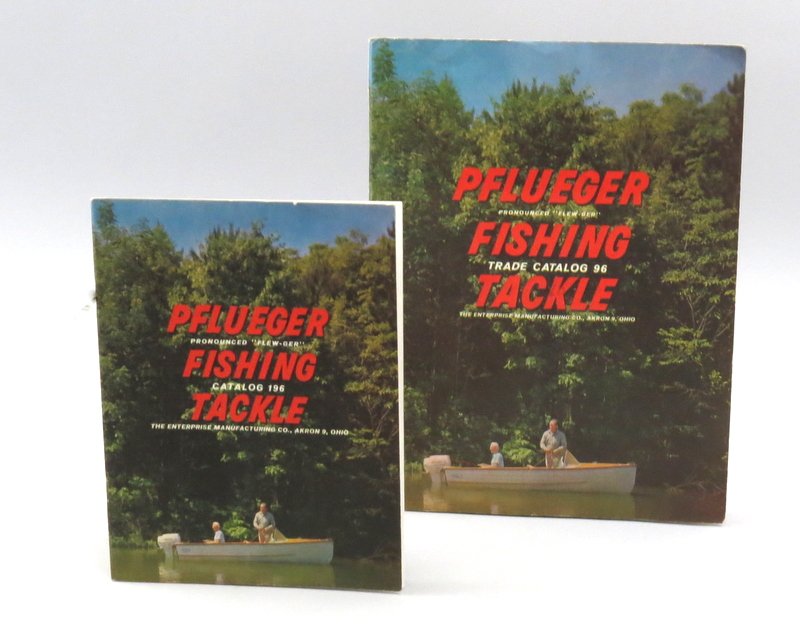 Pflueger Fishing Tackle Trade and Retail Catalogs 1960: No. 96 trade catalog, 82 pages, black and white drawings and photographs, VG+ with some light edge wear; Catalog no. 196, 48 pages and order blank, black and white drawings and photographs, Fine.