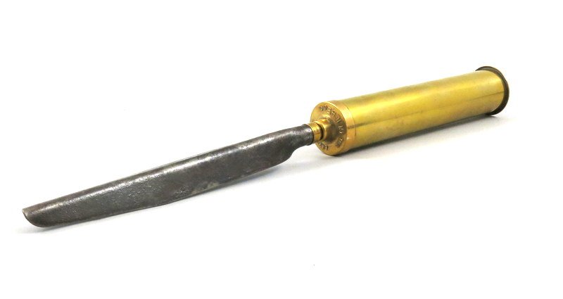 Early Fishing Rod Sand Stake Made by Gliebe Co.: An 18" marked sand stake "The Gliebe Co. Brooklyn" with an 8 1/2" brass cylinder to hold the rod's butt. An early surf fishing accessory. Very Good plus.