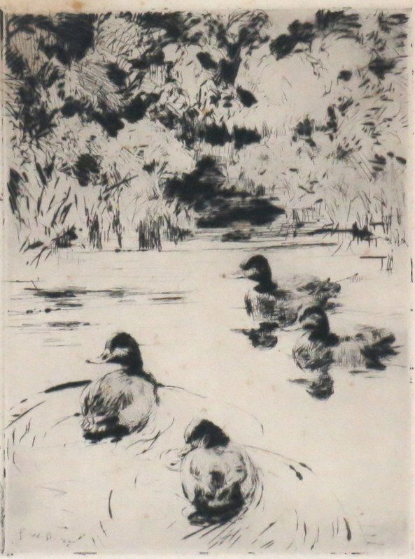 "Little Bluebills" by Frank Benson: (1862-1951) A 5 7/8" x 7 7/8" produced in 1922 in an edition of 150. Signed lower left. Light foxing to top right corner else Excellent in 14 3/4" x 17 3/4" matted frame.