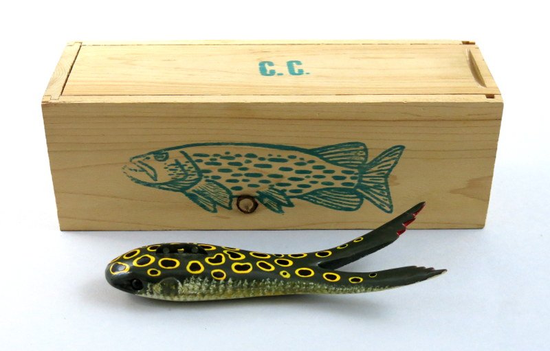 Green Leopard Frog by Carl Christiansen: A 6 1/4" signed from with Mr. Christensen's initials on belly. Housed in marked wooden box with sliding lid. Excellent condition.