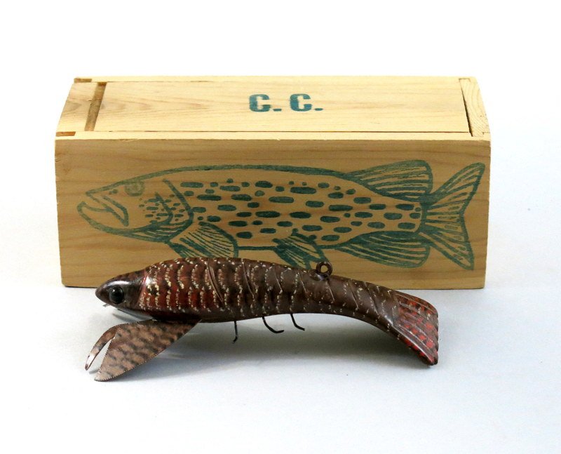 Crayfish by Carl Christiansen: 4 3/4" crayfish signed with Mr. Christensen's initials on belly. Glass eyes and tin claws. Housed in marked wooden box with sliding lid. Excellent condition.