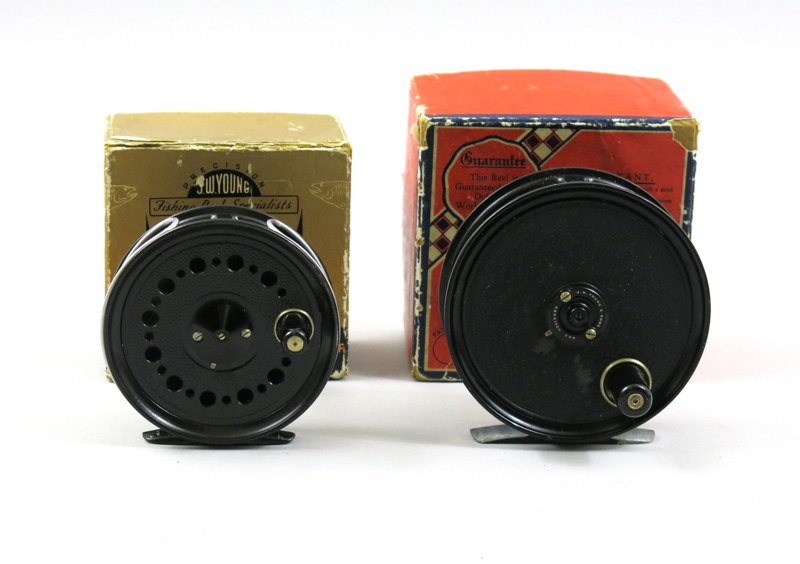 Pair of J.W. Young Fly Reels With Original Boxes: Includes an Excellent plus, unused 3 1/2" Beaudex in a Very Good box and an Excellent minus 4" Pridex in a Very Good plus Shakespeare style box.