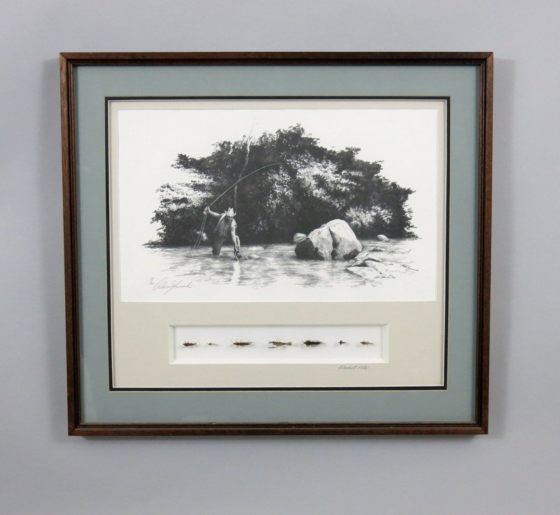 Fly Fishing Scene by Adriano Manocchia: Published in 1989 in an edition of 500 numbered and signed sheets, this being number 34. Image size of 12" x 20" and accented with seven sub-surface flies by noted Maryland fly tyer and custom framer,