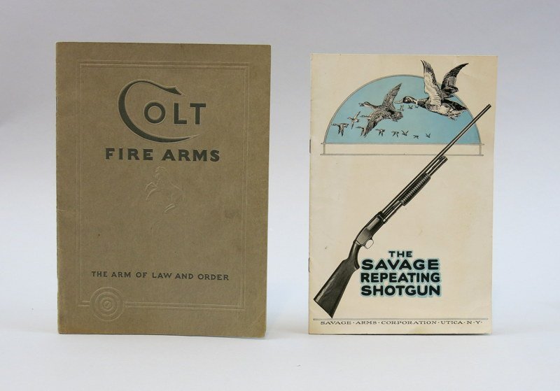 Colt Firearms and The Savage Repeating Gun Catalog: Colt Firearms, 1933, 40 pages, illustrated with black and white drawings and photographs, light shelf wear, else VG+; The Savage Repeating Shotgun, nd, 8 pages, illustrated with black and white drawin