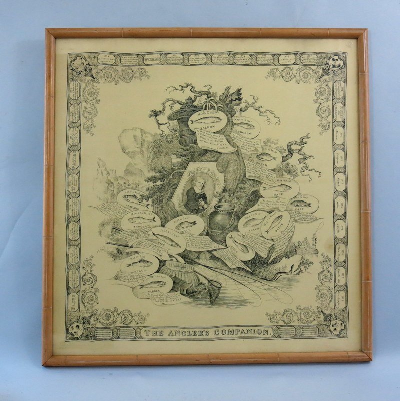 Large Early Twentieth Century Izaak Walton Silk Scarf: A 33" x 24" framed yellow scarf with Sir Izaak Walton as its focal point depicted within an elaborate, central cartouche. The illustrations as a whole are reminiscent of fine, copperplate engraving. W