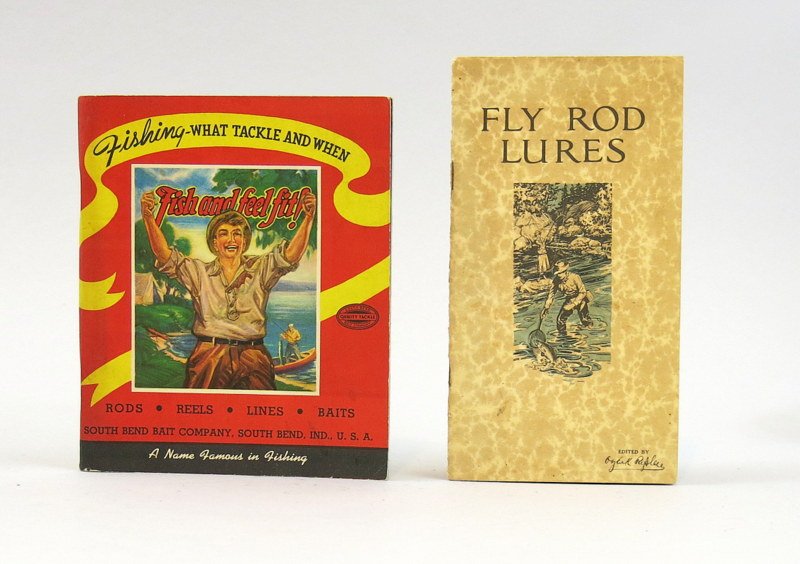 Two South Bend Tackle Catalogs 1922 and 1942: Fly Rod Lures, 1922, 32 pages, black and white drawings and photographs, very scarce catalog in a strong Very Good plus condition; Fishing - What Tackle and When, 1942, 136 pages, black & white and co