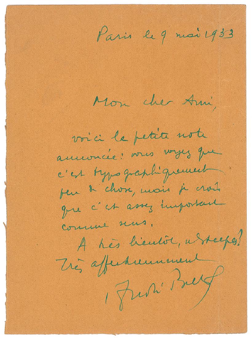 Andre Breton: French writer and poet (1896-1966) best known as the founder of Surrealism. ALS in French, one page, 4 x 5.5, May 9, 1933. Letter to his dear friend, Rene Laporte, in full (translated): "Enclosed is t