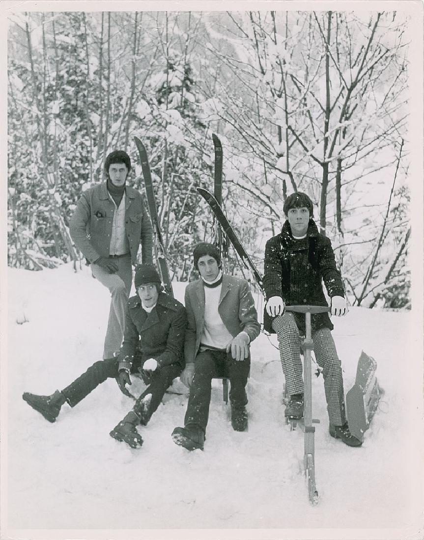 The Who Original Bent Rej Photograph: Original vintage glossy 9.5 x 12 photo of The Who during a snowy retreat, taken by Danish photographer Bent Rej, with the reverse bearing his photography copyright stamp. In fine condition, with creas