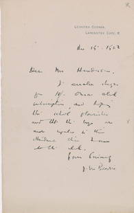 James M. Barrie: Two ALSs signed "J. M. Barrie," each one page, dated 1901–1902, both to John Henderson, secretary of the National Liberal Club. The first, on Black Lake Cottage letterhead, May 17, 1901, in part: