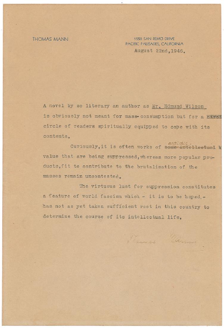 Thomas Mann: Typed manuscript, one page, 7.25 x 10.5, personal letterhead, August 22, 1946, in full: "A novel by so literary an author as Mr. Edmund Wilson is obviously not meant for mass-consumption but for a cir