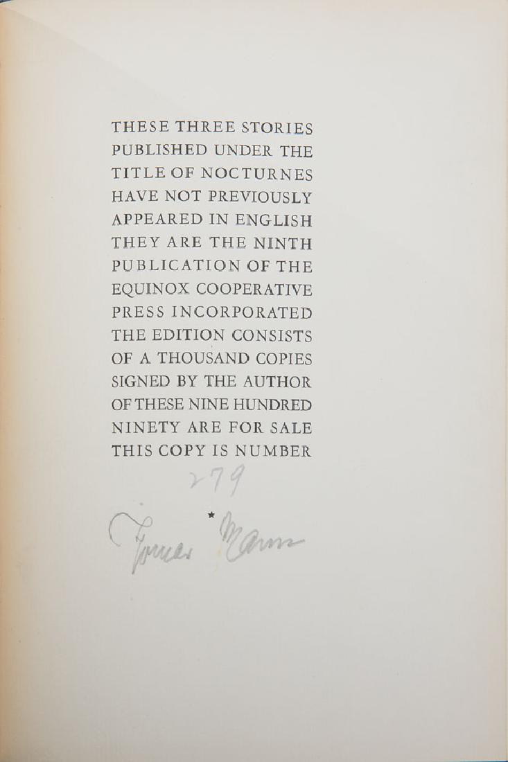 Thomas Mann: Signed book: Nocturnes. Limited edition, numbered 279/1000. NY: Equinox Cooperative Press, 1934. Hardcover with slipcase, 6 x 8.75, 61 pages. Signed on the colophon in pencil by Mann. In fine conditio