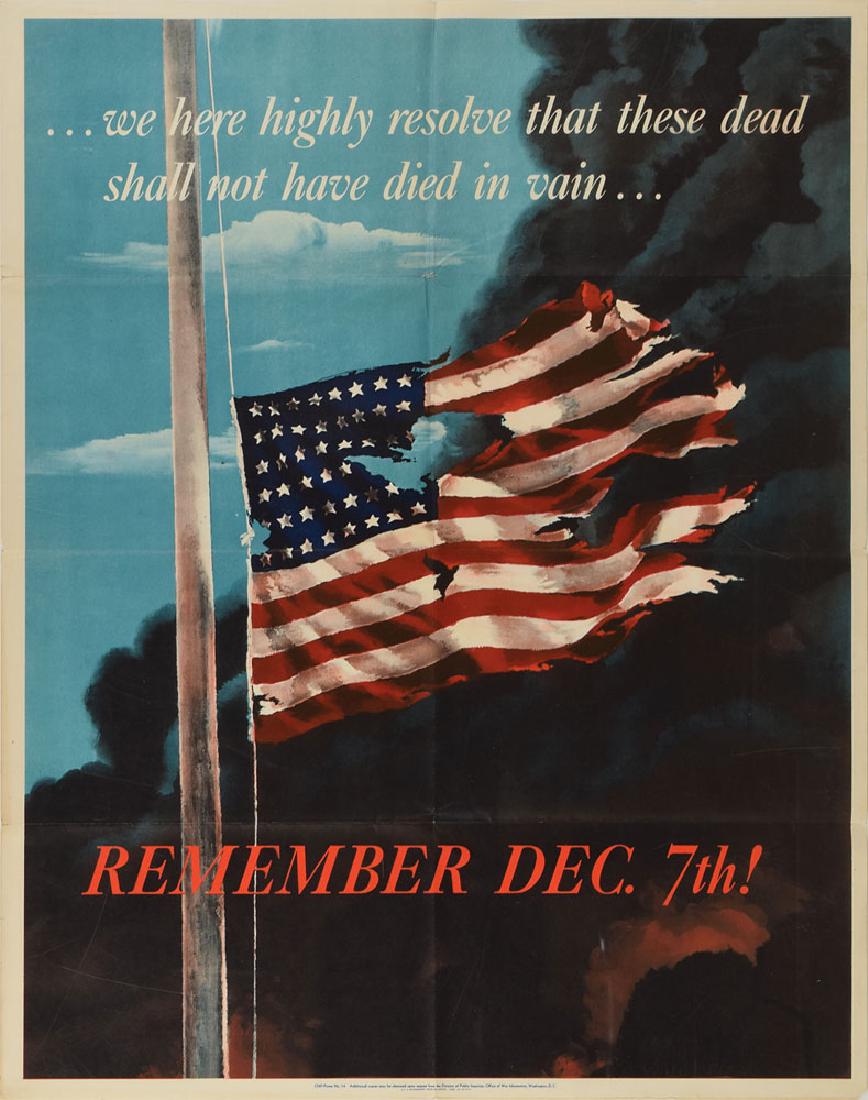 World War II Poster: Remember Dec. 7th!: Original color 22 x 28 Office of War Information poster (No. 14) published in 1942 by the US Government Printing Office (1942-O-491977), featuring a portrayal of a tattered American flag at half-mast