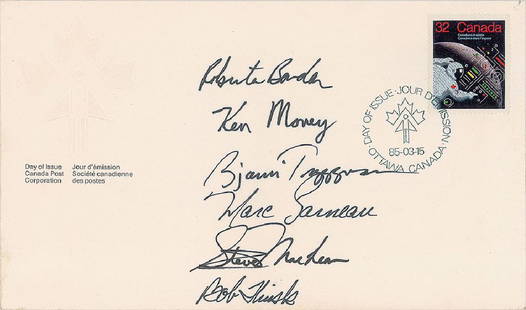 Canadian Astronauts: Uncommon pair of Canadian Astronaut Program FDCs, both 7.5 x 4.5 and signed in black felt tip by six Canadian astronauts, including: Roberta Bondar, Marc Garneau, Steve MacLean, Ken Money, Robert Thir
