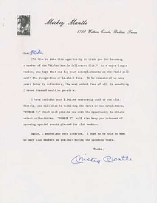 Mickey Mantle Typed Letter Signed