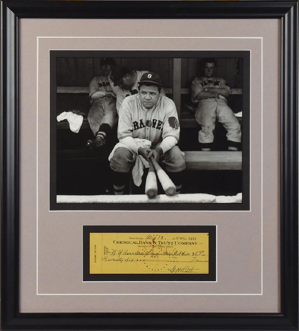 Babe Ruth Signed Check: Exceptional personal check, 8 x 2.75, filled out and signed by Ruth, "G. H. Ruth," payable to "N.Y. American League Base Ball Club" for $26.40, August 13, 1942. Impressively double-matted and framed w