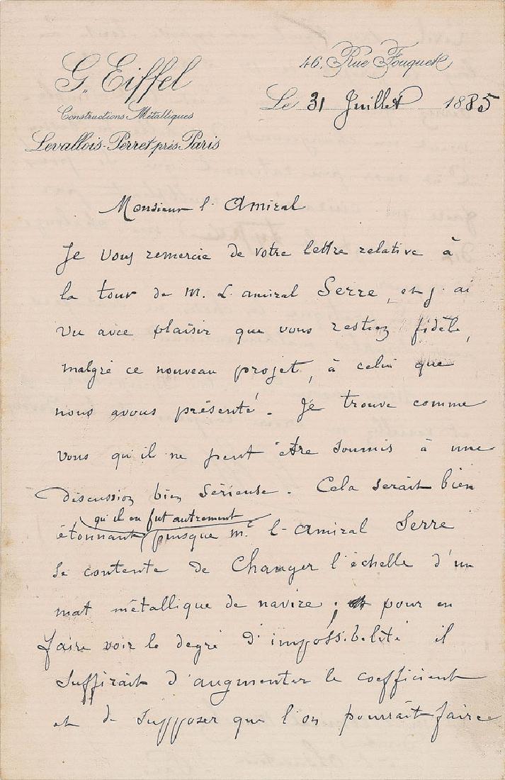 Gustave Eiffel: ALS in French, signed “G. Eiffel,” four pages on two adjoining sheets, 5.25 x 8.25, personal letterhead, July 31, 1885. Letter to Admiral Ernest Mouchez, director of the Paris Observatory. In full