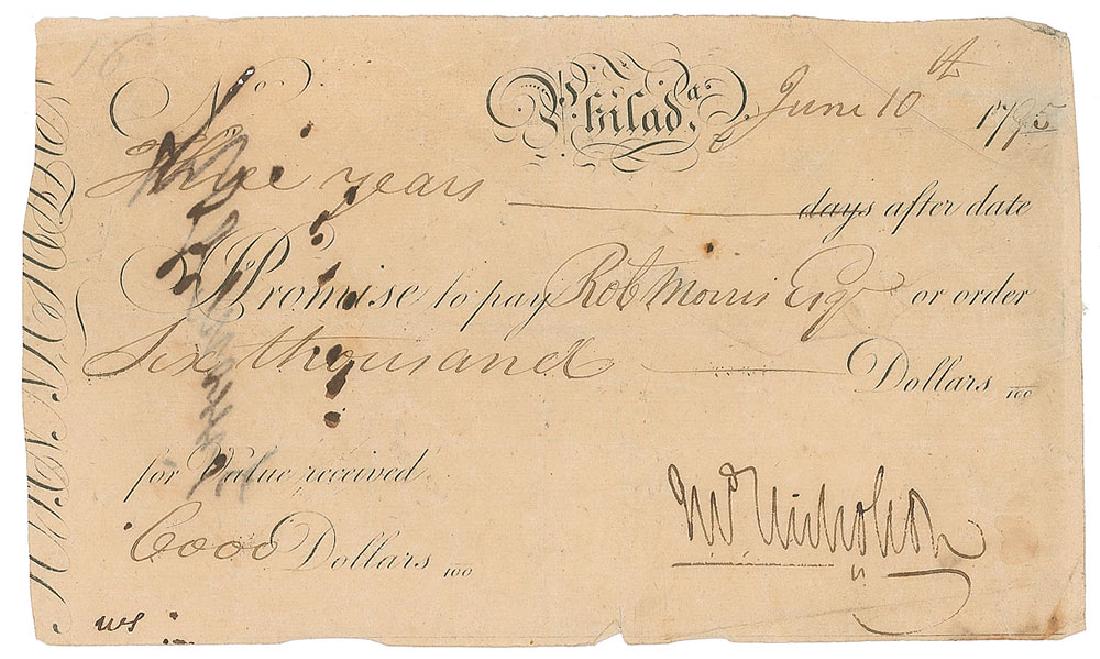 Robert Morris: Important financier who signed the Declaration of Independence, Articles of Confederation, and Constitution (1734-1806). Partly-printed DS, signed on the reverse, “Robt. Morris,” one page, 6.75 x