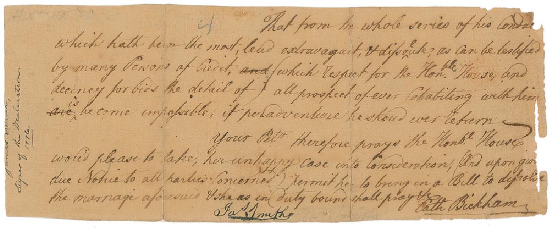 James Smith: Signer of the Declaration of Independence from Pennsylvania (1719-1806). Ink endorsement signature, "Jas. Smith," at the bottom of a manuscript legal document, one page, 8 x 3.25, no date. Petition ma