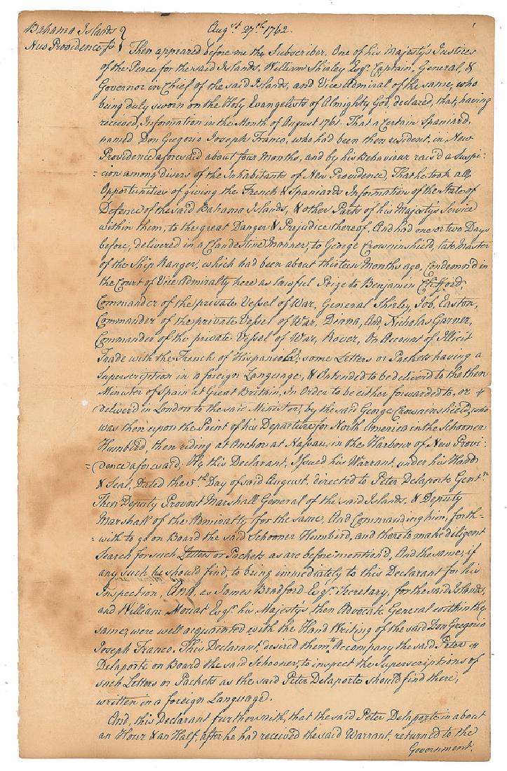 William Shirley: Colonial governor of Massachusetts who played a prominent role in Britain's struggle with France for control of North America (1694–1771). Manuscript DS, signed “W. Shirley,” one page both sides