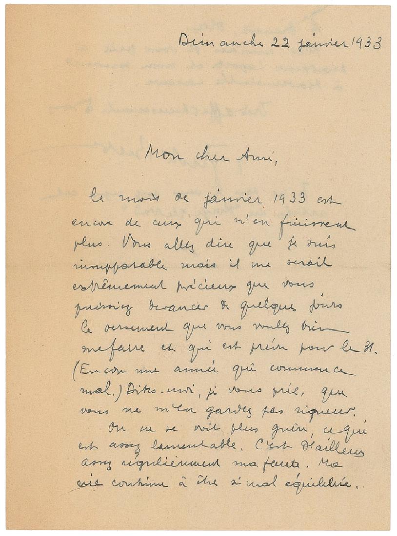 Andre Breton: French writer and poet (1896–1966) best known as the founder of Surrealism. ALS in French, two pages on two adjoining sheets, 5.25 x 7, January 22, 1933. Letter to René Laporte, who supported Breto
