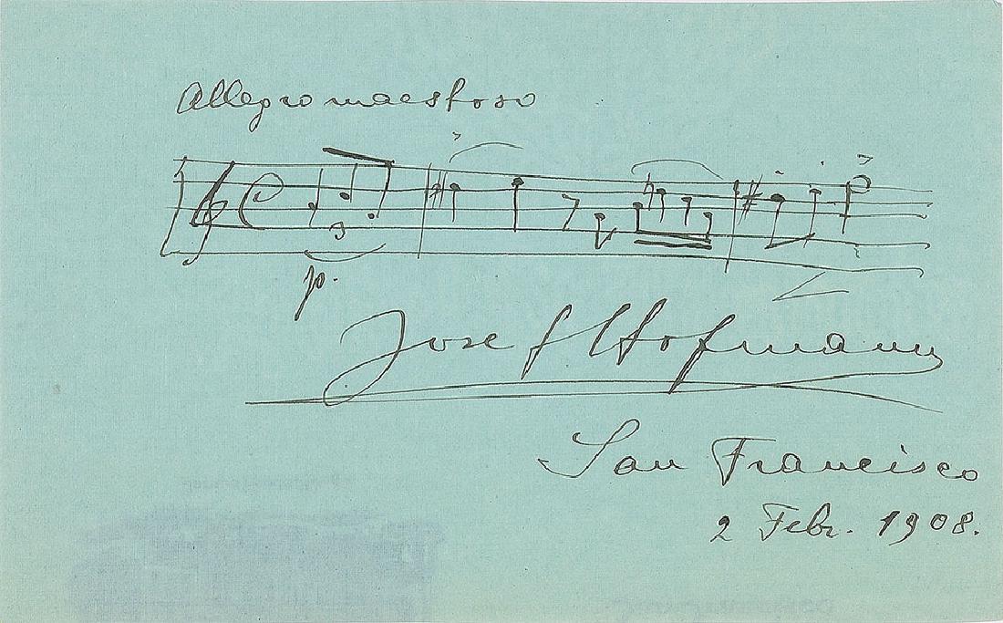Josef Hofmann: Child prodigy (1876–1957) who later became one of the world's famous pianists and pedagogues. AMQS on a light green 5.5 x 3.5 album page, signed below, "Josef Hofmann, San Francisco, 2 Febr. 1908."