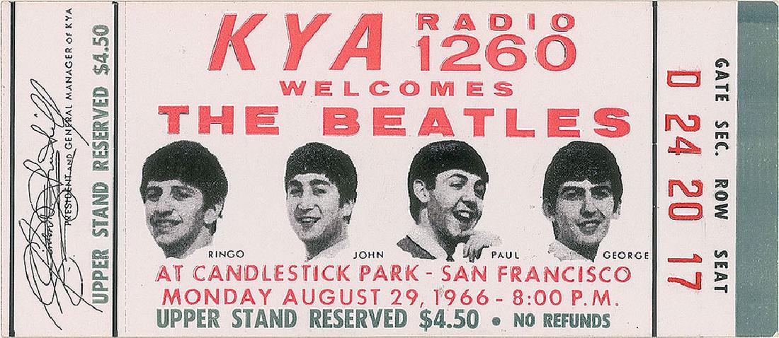 Beatles 1966 Candlestick Park Ticket: Choice complete unused 5.75 x 2.5 ticket for the Beatles at Candlestick Park in San Francisco on August 29, 1966, for the "Upper Stand Reserved, Gate D, Sec. 24, Row 20, Seat 17." The vivid ticket rea