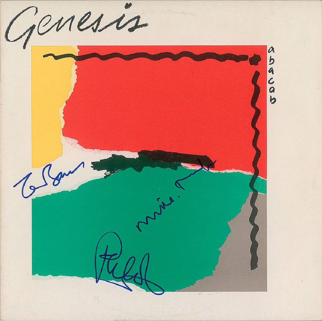 Genesis Signed Album: Abacab album signed on the front cover in blue felt tip by Phil Collins, Tony Banks, and Mike Rutherford. A small glossy photo signed in black felt tip by Rutherford is affixed to the reverse. In fine