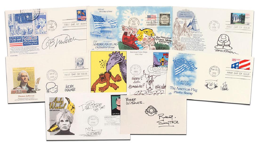 Cartoonists Group Lot: Eight items: six FDCs, each signed by a different cartoonist with an original sketch: Mort Walker, Tom Wilson, Brad Anderson, Bil Keane, Dan Piraro, and Ron Ferdinand; an FDC signed "G. B. Trudeau"; a