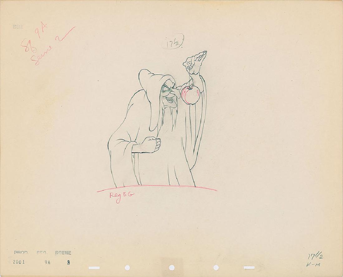 Wicked Witch production drawing from Snow White and the: (Walt Disney Studios, 1937) Superb original production drawing featuring the Wicked Witch from Snow White and the Seven Dwarfs, showing her holding the the poison apple; the apple dangles from a strin