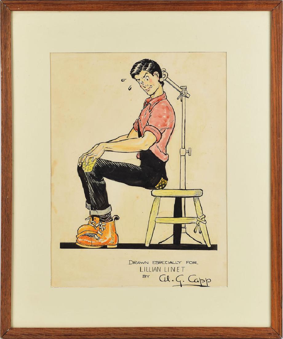 Al Capp: Superb original Li'l Abner Yokum sketch accomplished in ink and watercolor on an off-white 13 x 17.25 artist's board, showing the sweet-natured hillbilly seated uncomfortably on a stool and posing for