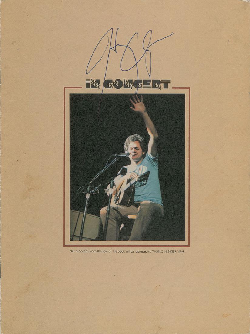 Harry Chapin: Circa 1976 program for a Harry Chapin "In Concert" tour, with lower caption stating that "proceeds from the sale of this book will be donated to World Hunger Year," 14 pages, 9 x 12, signed on the fro